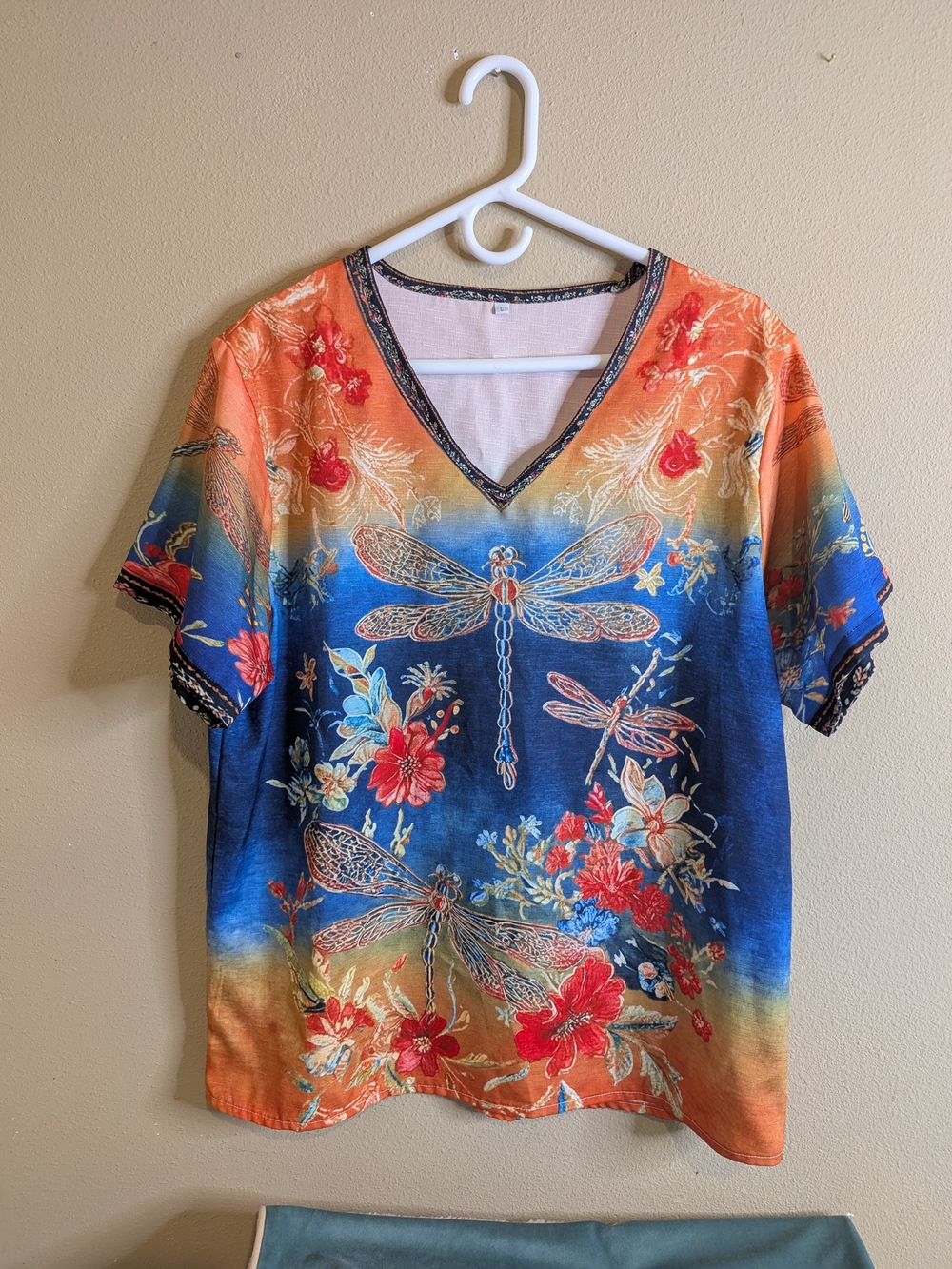 Vibrant Blue & Orange Dragonfly Floral V-Neck Womens Top